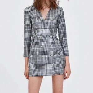 ZARA TRF Preppy Plaid Double Breasted Buttons Blazer Style Longsleeve Mini Dress